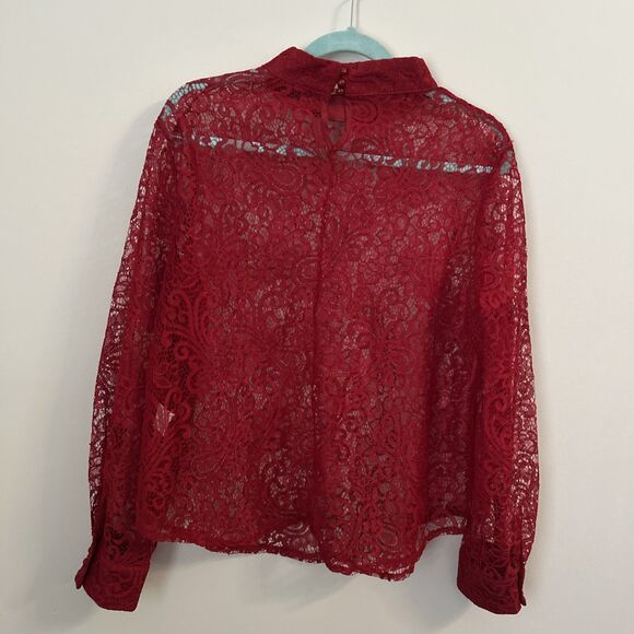 Women’s Long Sleeve Red Lace Blouse w/Mock Neck, One Size - Picture 6 of 10